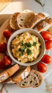 farmhouse egg salad in a ceramic bowl, garnished with parsley and pepper, surrounded by slices of crusty bread and grape tomatoes.