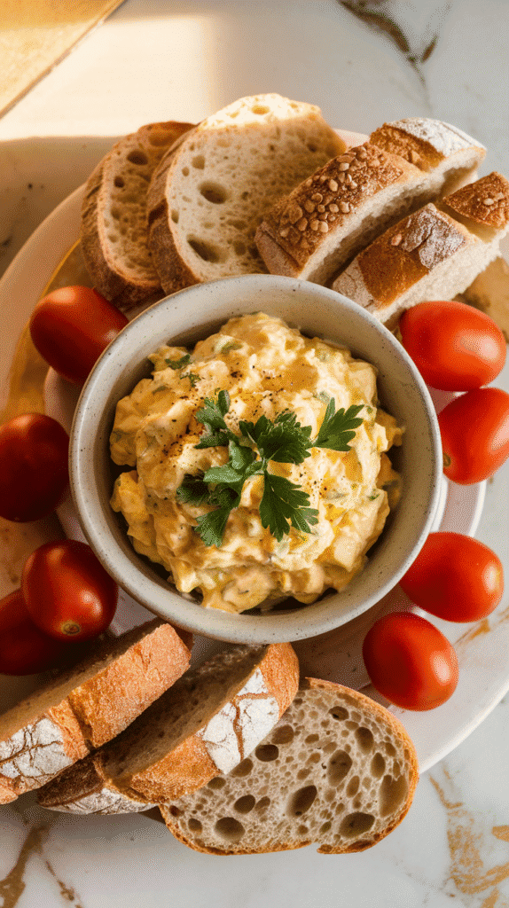 farmhouse egg salad in a ceramic bowl, garnished with parsley and pepper, surrounded by slices of crusty bread and grape tomatoes.