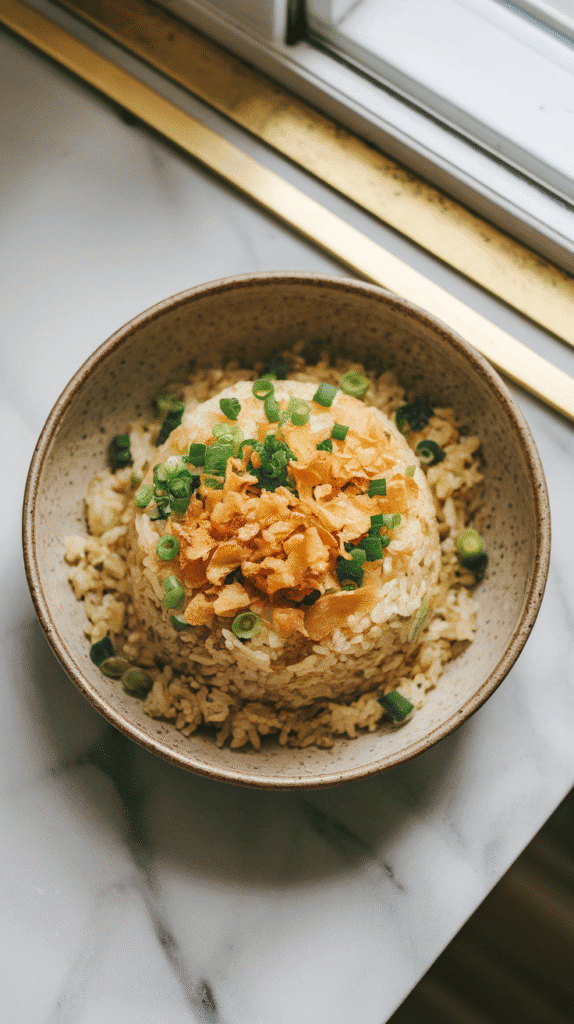 f sinangag garlic fried rice served in a shallow ceramic bowl, topped with crispy garlic chips and chopped scallions.