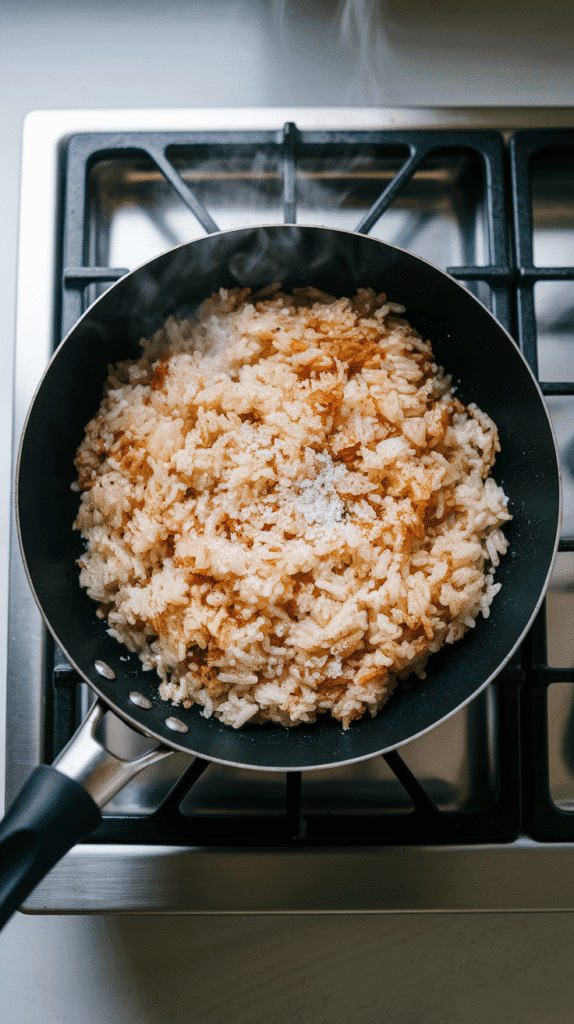 salt being sprinkled over golden fried rice in the pan, rice starting to brown slightly at the bottom with steam rising.