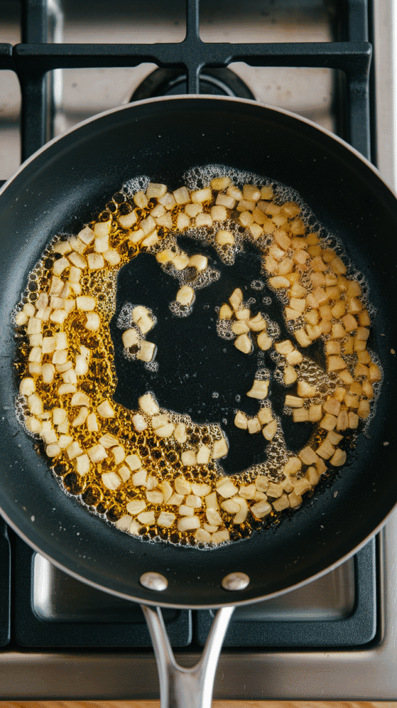 finely minced garlic pieces turning golden in hot oil, slightly crisping around the edges, bubbles forming in the oil.
