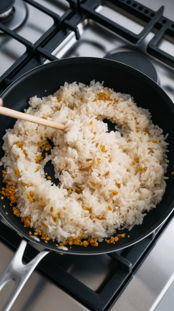 fluffy cold rice being stirred into the garlic oil, grains separating and starting to warm, golden garlic bits scattered throughout
