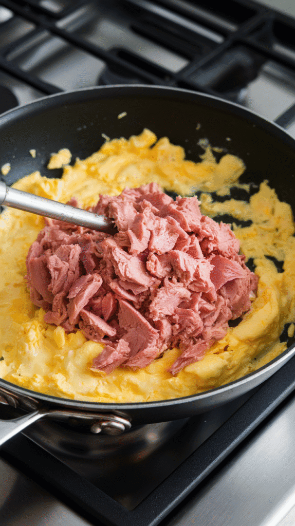 flaked tuna being stirred into scrambled egg and garlic, light golden bits beginning to form as it heats.