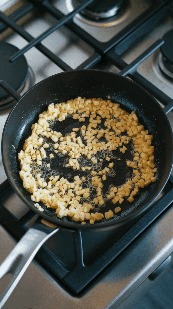 minced garlic sizzling in melted butter and oil, just starting to turn golden around the edges.