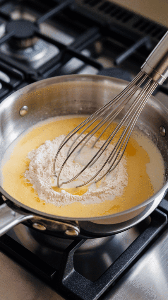 flour whisked into garlicky butter, followed by milk and cream slowly added, forming a thick, velvety sauce in the pan