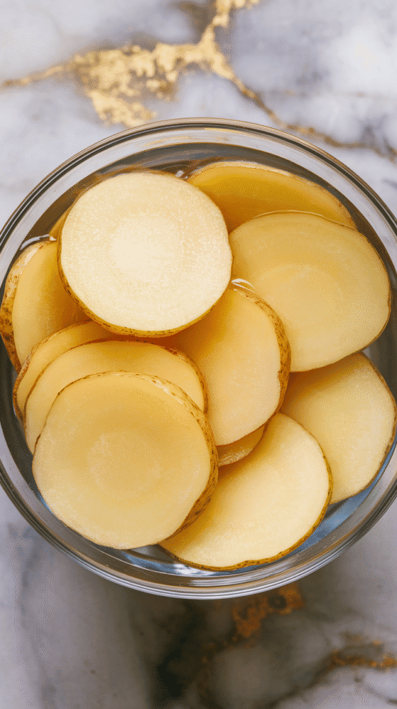 freshly sliced Yukon gold potatoes submerged in a bowl of cold water, thin, even rounds with pale yellow color. On white marble counters with hints of gold