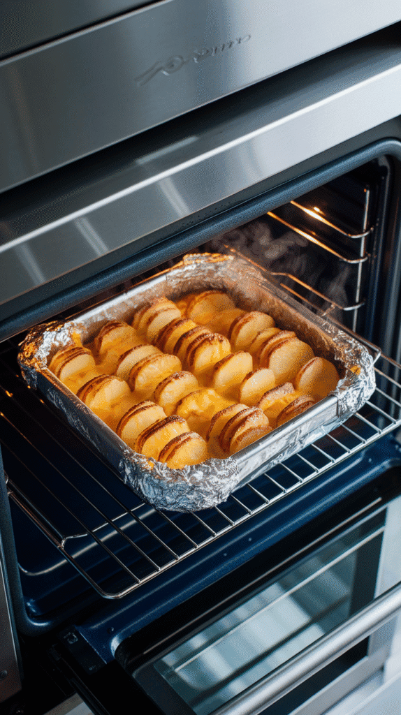 a foil-covered white baking dish placed into a modern stainless steel double oven,