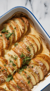 garlic Parmesan scalloped potatoes in a white baking dish, golden crispy top with flecks of green parsley and creamy potato layers visible where a scoop has been taken out