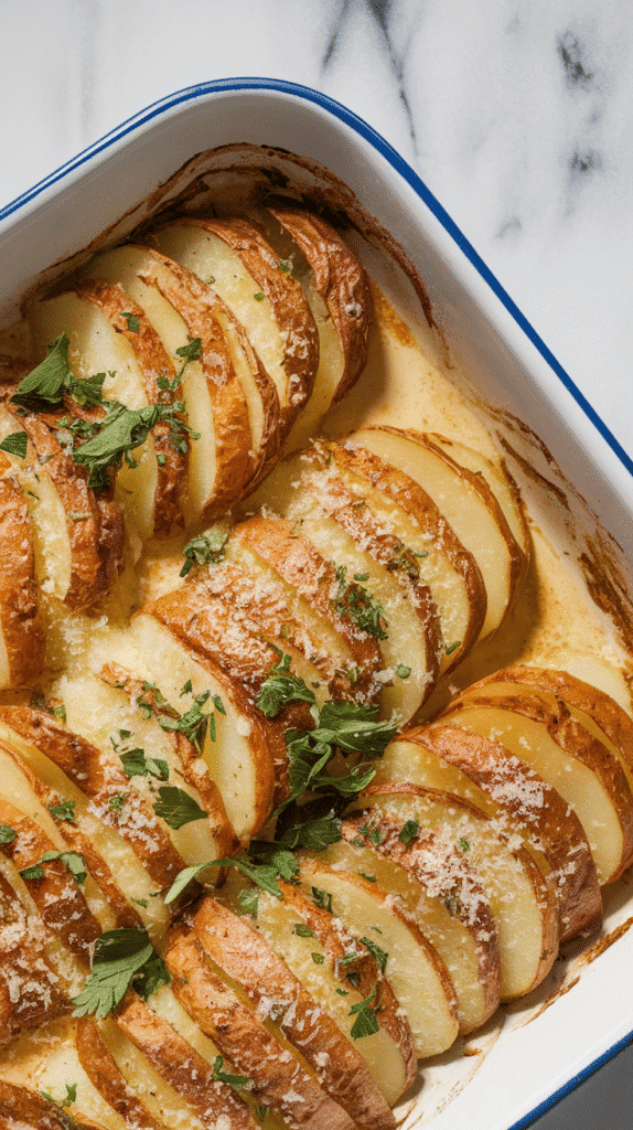garlic Parmesan scalloped potatoes in a white baking dish, golden crispy top with flecks of green parsley and creamy potato layers visible where a scoop has been taken out
