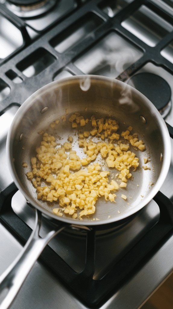 minced garlic sizzling gently in melted butter inside a saucepan, light steam rising and garlic beginning to soften. On a modern stainless steel gas stove