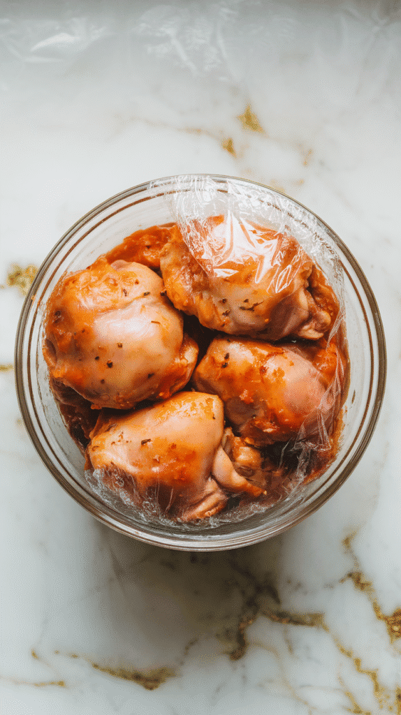 a glass bowl filled with gochujang citrus-marinated chicken thighs, covered tightly with clear plastic wrap, light condensation forming on the inside