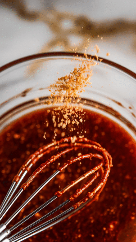 garlic powder and freshly grated ginger sprinkled over the shiny gochujang marinade, tiny flecks visible as they start blending in with the whisk