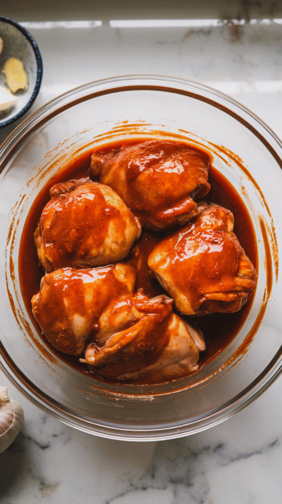 boneless skinless chicken thighs coated in a thick, glossy gochujang citrus marinade, the sauce clinging to every fold of the chicken