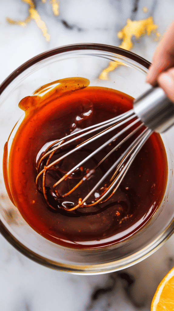 soy sauce and honey being whisked into the gochujang citrus mixture, creating a glossy reddish-brown marinade, with sesame oil pooling slightly on the surface
