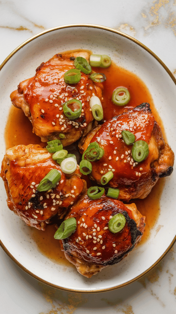 juicy grilled gochujang citrus chicken thighs arranged on a white ceramic plate, reddish-orange glaze glistening on the surface, garnished with sesame seeds and sliced scallions, some sauce