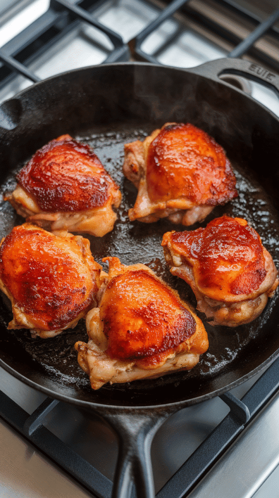 chicken thighs sizzling in a cast iron skillet, reddish-orange glaze caramelizing along the edges, with golden brown crispy bits starting to form