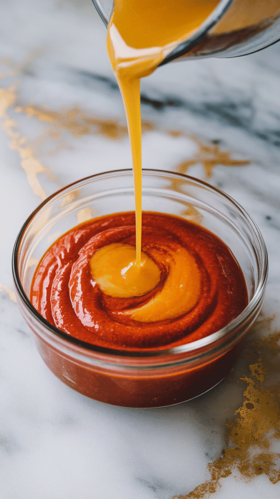 hick red gochujang paste sitting in a small glass bowl, fresh orange juice and lime juice just poured over, creating swirls of bright orange and red as they start to blend.