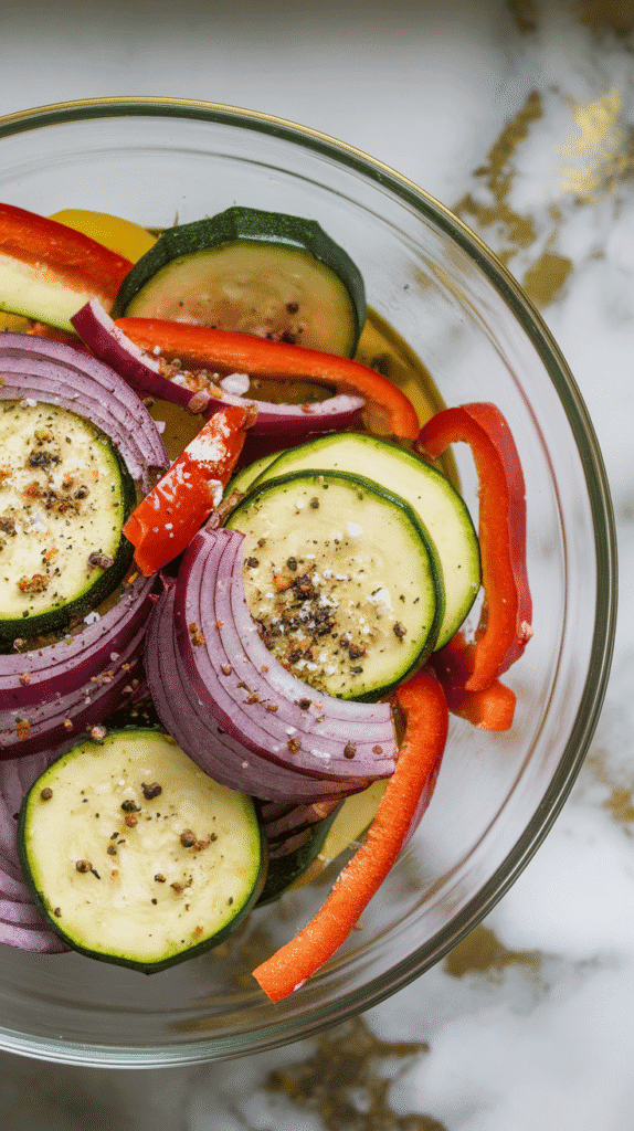 raw sliced zucchini rounds, bell pepper strips, and red onion slices tossed with olive oil, Italian seasoning, salt, and pepper