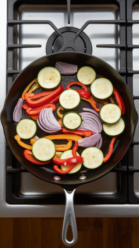 sliced zucchini, peppers, and onions sizzling in a skillet, slightly charred and softened, on a modern stainless steel gas stove