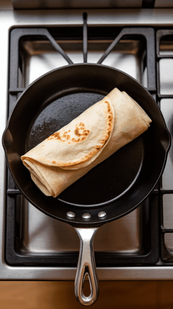 olled wraps toasting in a skillet, golden brown on the bottom with light crisp edges, seam-side dow