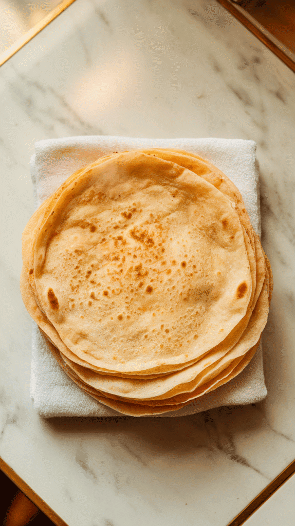 f warm flatbreads stacked on a clean towel, soft with light golden spots, steam slightly rising