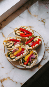 grilled veggie cottage cheese wraps sliced on a white plate, creamy filling and roasted veggies visible inside