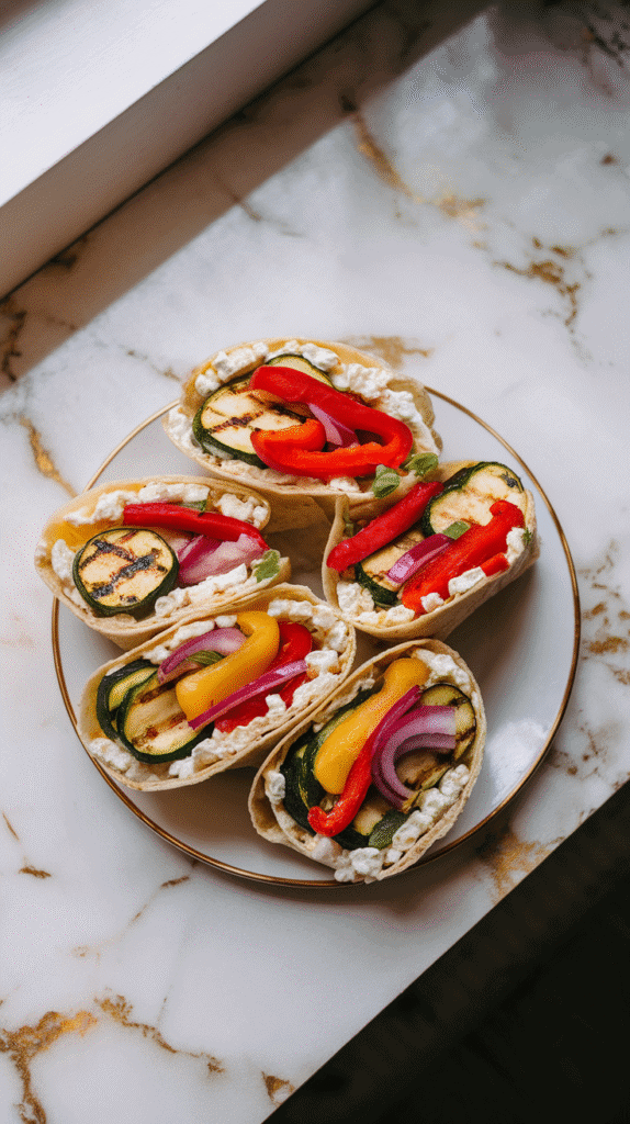 grilled veggie cottage cheese wraps sliced on a white plate, creamy filling and roasted veggies visible inside