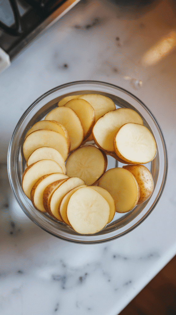 peeled Yukon gold potatoes sliced into thin, even rounds, soaking in a bowl of cold water.