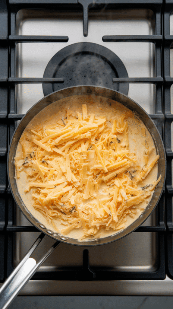shredded Gruyère melting into warm cream sauce, forming a thick, velvety mixture with flecks of herbs and steam rising.