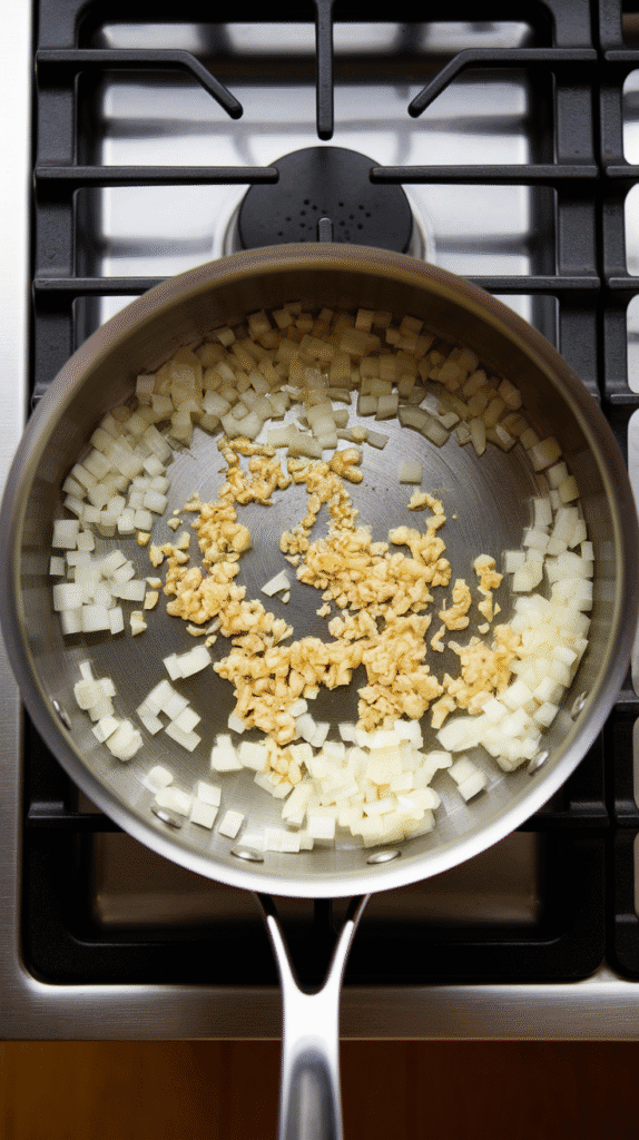 diced onion and minced garlic softening in melted butter, onions becoming translucent and garlic just turning golden.
