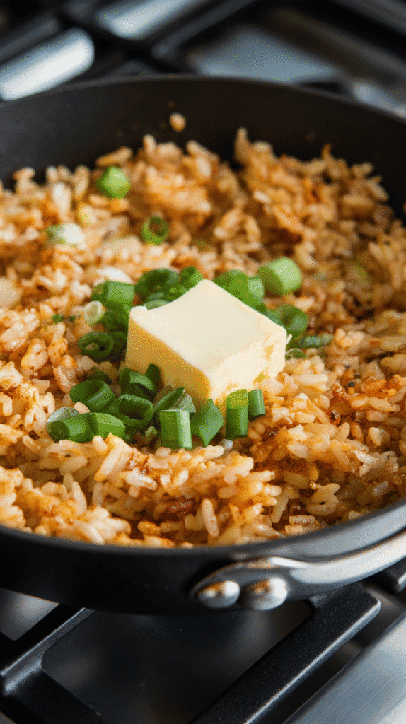 hopped green onions and a pat of butter melting into hot fried rice, glossy grains with crispy edges and flecks of green throughout.