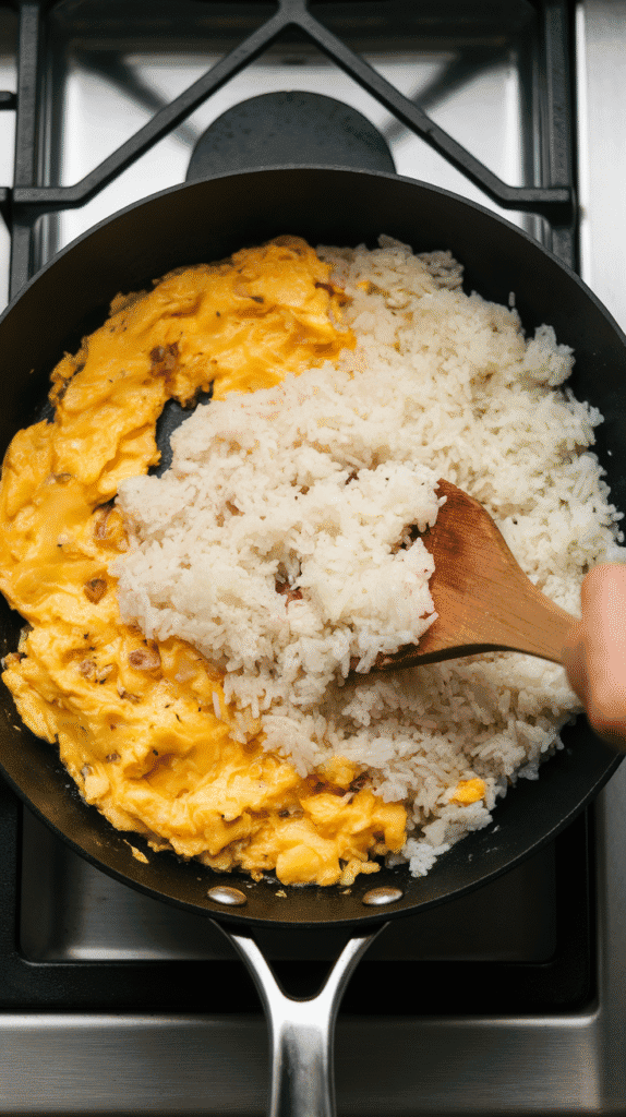 fluffy white rice added to the skillet with scrambled egg and garlic, rice being broken up and mixed. On a modern stainless steel gas stove, with all-natural lighting