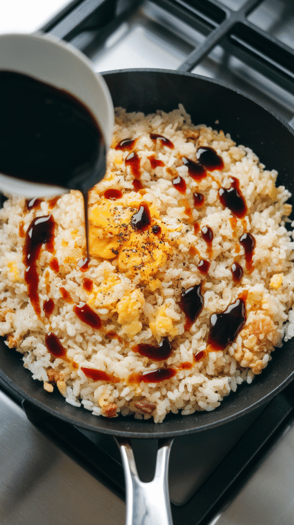soy sauce and sesame oil being drizzled over sizzling rice, some grains starting to brown and crisp, black pepper sprinkled on top