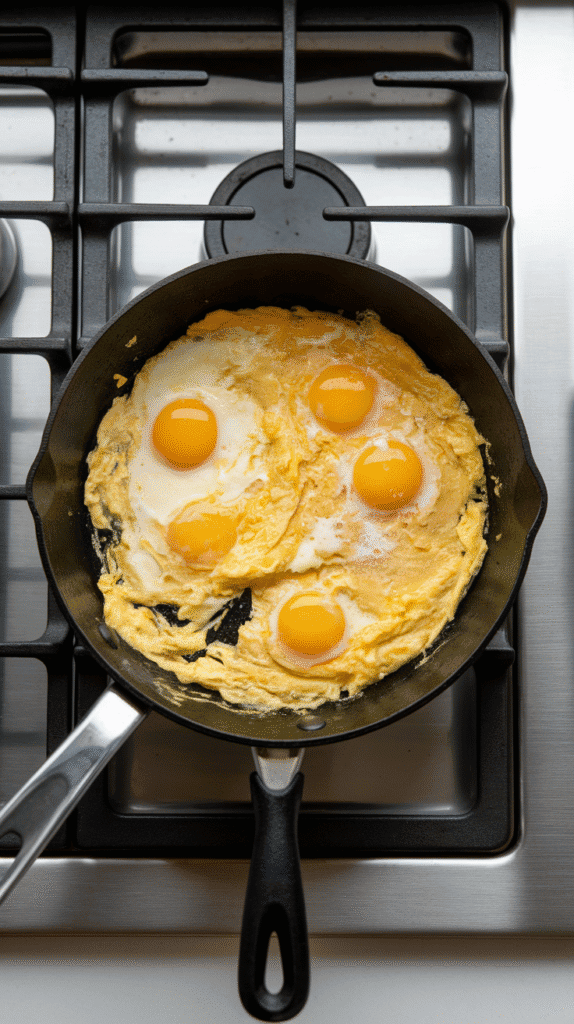 beaten eggs being scrambled on one side of the skillet, with golden garlic on the other side, eggs just beginning to firm up.