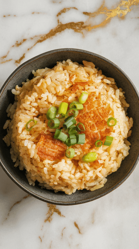 hibachi garlic butter fried rice served in a shallow black bowl, steaming hot with scattered green onions and golden crisped rice bits.
