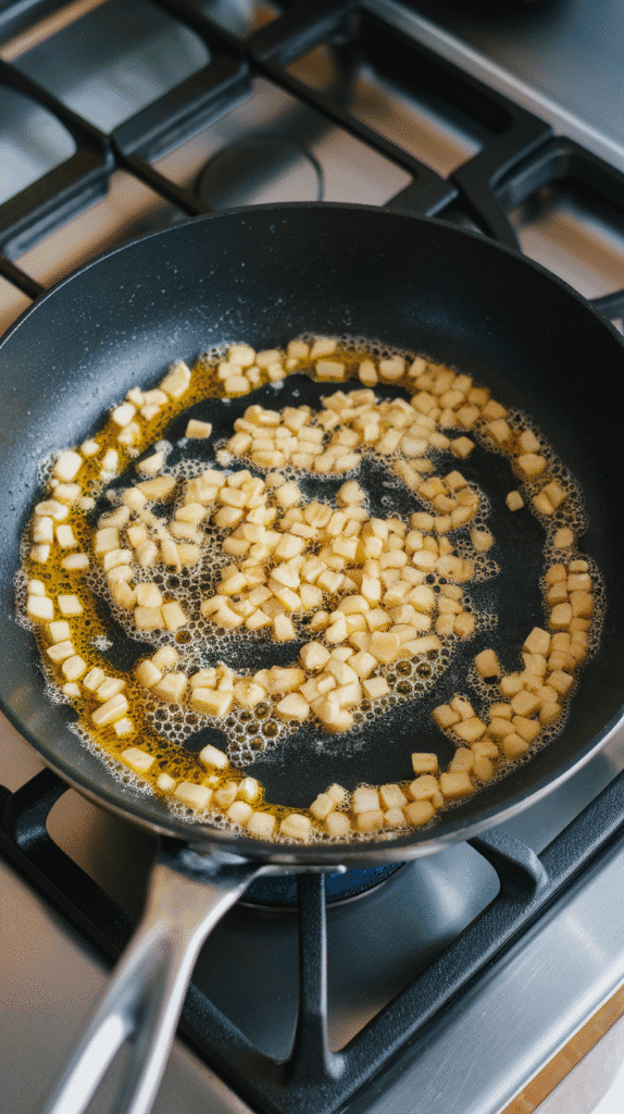 minced garlic sizzling in a mixture of melted butter and oil inside a hot skillet, small bubbles forming and garlic turning slightly golden