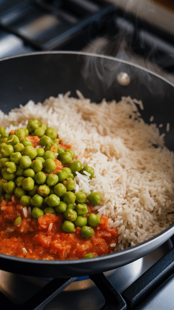 fluffy basmati rice grains being gently mixed into the masala, spices coating each grain, flecks of peas and onions showing through.