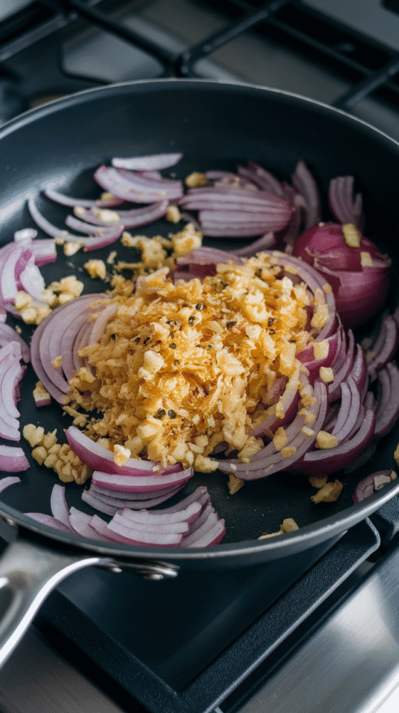 onions turning soft and slightly golden in the skillet with grated ginger and minced garlic mixed in.