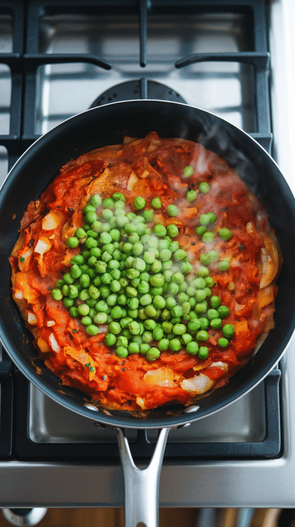 green peas being folded into the spiced tomato-onion mixture, steam rising, peas bright green and glossy.