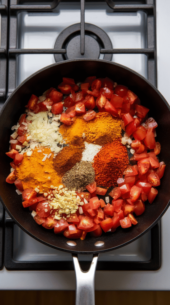 diced tomatoes softening in the skillet with spices sprinkled on top—turmeric, garam masala, and chili powder glowing over the mix