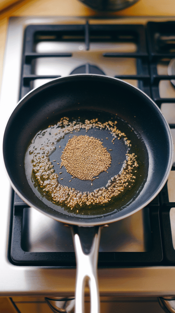 cumin seeds sizzling and lightly bubbling in oil at the center of a hot pan.