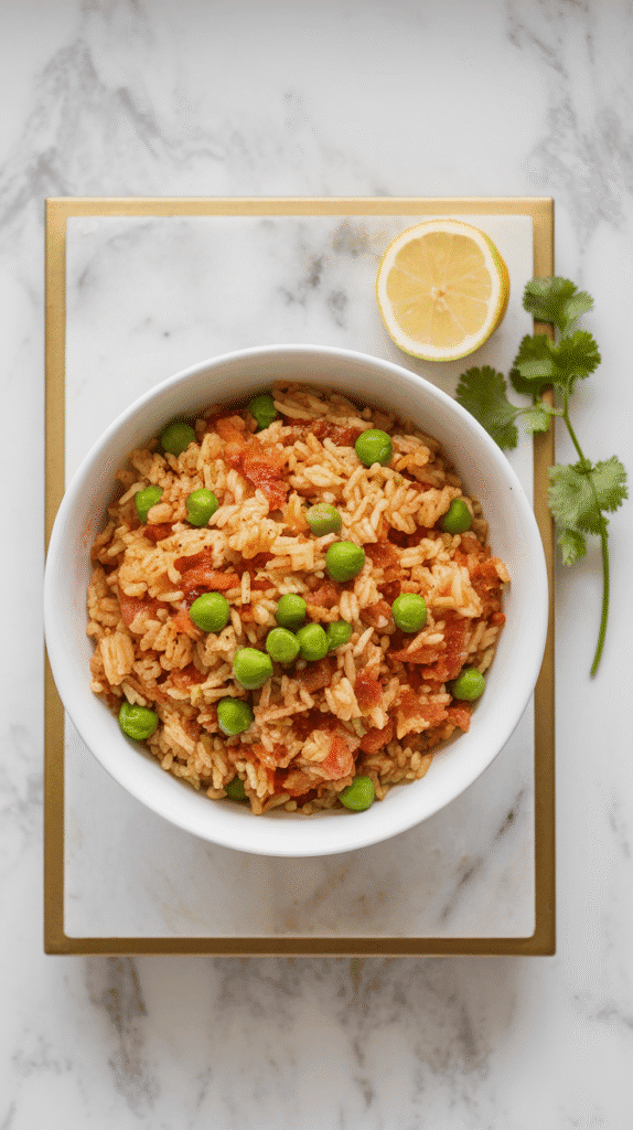 Indian masala fried rice in a serving bowl, garnished with cilantro and lemon wedge on the side.