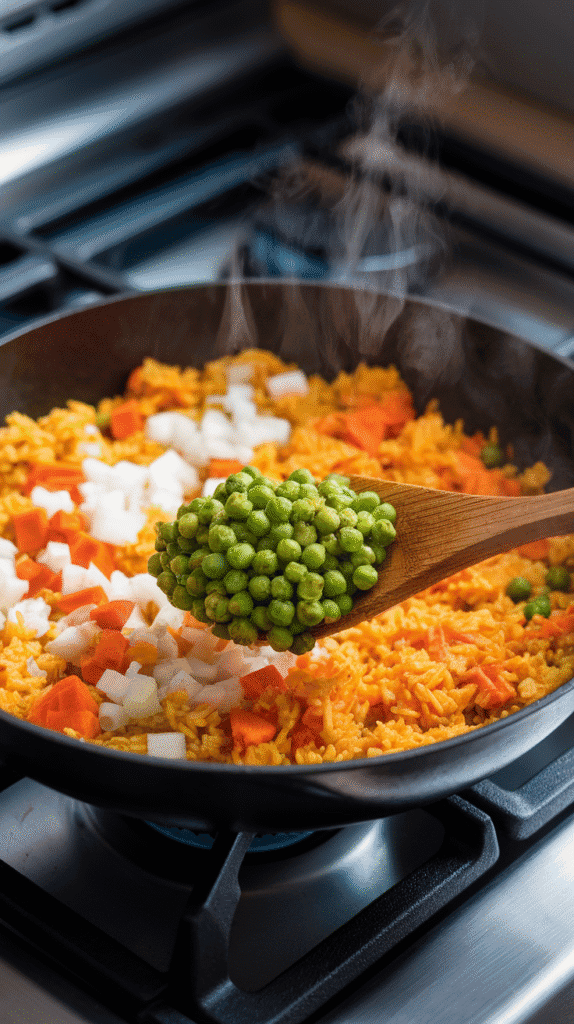 golden curry rice in the skillet, vibrant green peas being stirred in, steam rising from the pan.