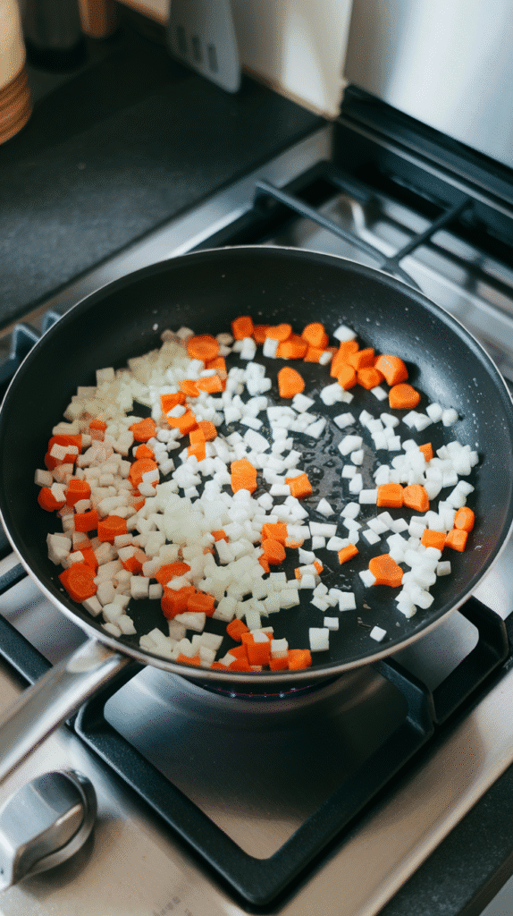 diced onions and carrots sizzling in oil, onions turning translucent and edges of carrots beginning to soften.