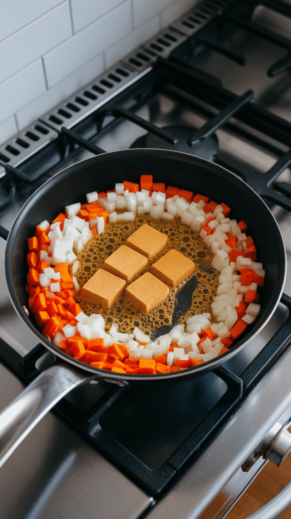 curry roux cubes softening in the pan with a small amount of water, forming a thick golden sauce around the vegetables.