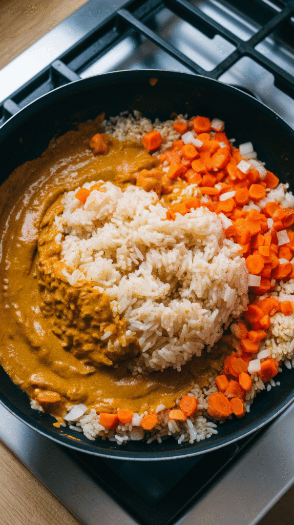 cold rice being folded into melted curry sauce and veggies, rice turning golden brown as sauce evenly spreads.