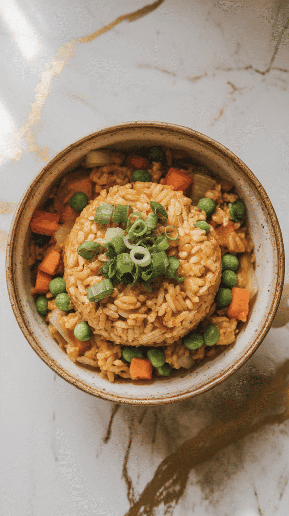 Japanese curry fried rice served in ceramic bowls, topped with fresh chopped scallions, steam visible rising from the dish.
