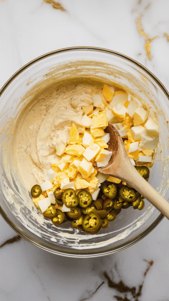 chopped eggs and jalapeños being folded into the creamy dressing mixture, showing chunks and creaminess blending together.