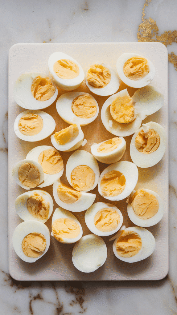 chopped hard-boiled eggs on a cutting board, yolks and whites in uneven, bite-sized pieces.