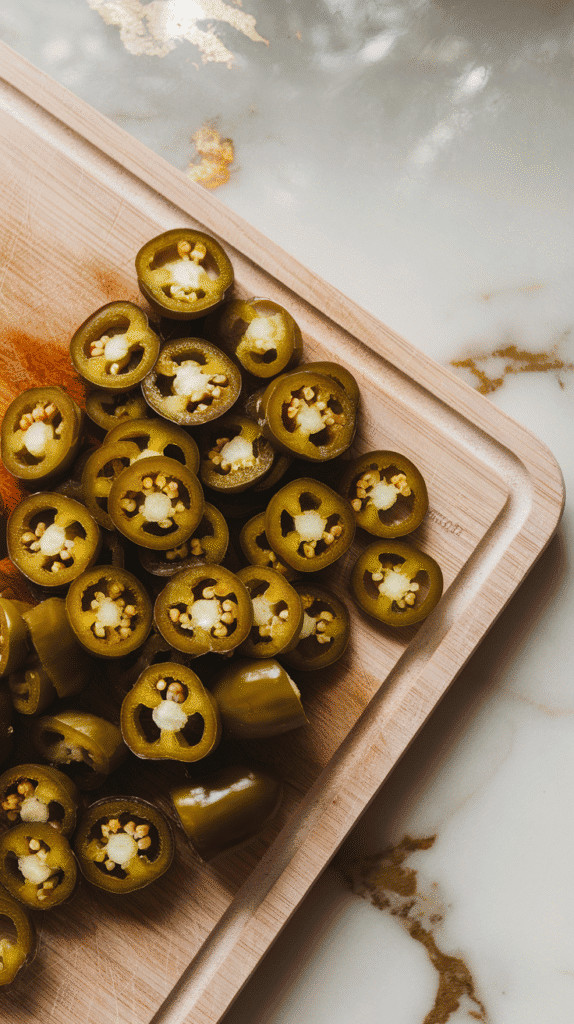 pickled jalapeños finely diced on a cutting board, showing shiny, chopped pieces with slight texture.